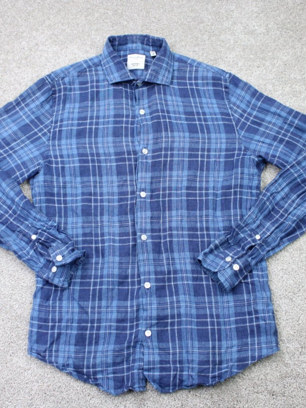 Baird McNutt Murano Shirt Mens Medium Blue Plaid Slim Fit 100% Linen Long Sleeve